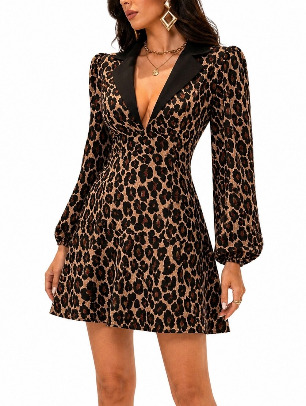 Leopard Print Mini Dress Black Brown Long Sleeve Blazer Style